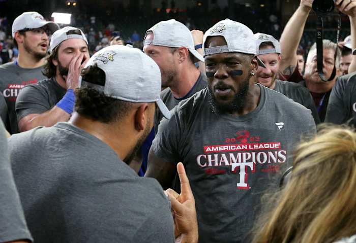 Oct 23, 2023; Houston, Texas, USA; Texas Rangers right fielder Adolis Garcia (53) celebrates with teammates after winning game seven in the ALCS against the Houston Astros for the 2023 MLB playoffs at Minute Maid Park. Mandatory Credit: Thomas Shea-USA TODAY Sports